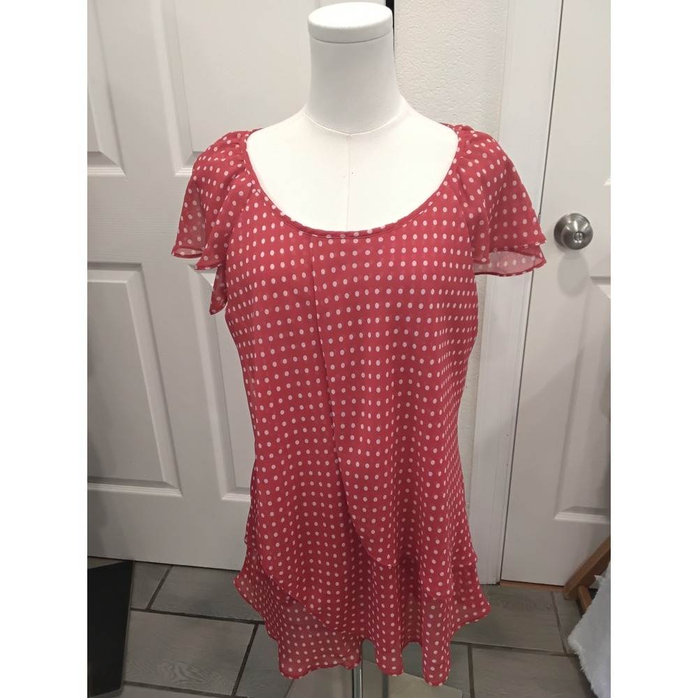 Roz & Ali Red Polka Dot Tiered Chiffon Blouse Flutter Sleeve Plus Size 1X